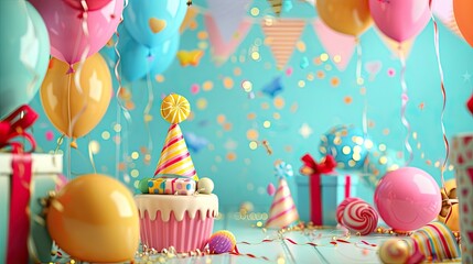 birthday decorations, including colorful balloons, streamers, party hats, and a cascade of gift boxes, setting the stage for a joyous celebration.