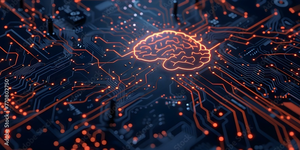 Poster closeup of a circuit board with artificial intelligence components and neuronal network connections.