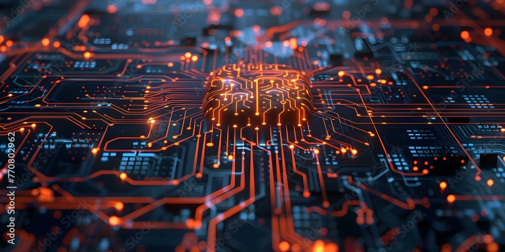 Poster exploring the intricacies of a circuit board infused with artificial intelligence components and neu
