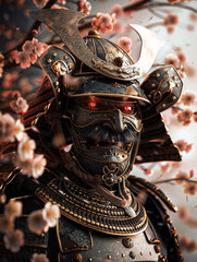 Portrait of a samurai warrior fully helmeted and with glowing eyes. Around it there are cherry blossoms that are blooming and falling.