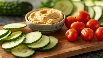 Healthy Snack Spread: Creamy Hummus with Sliced Cucumbers and Cherry Tomatoes