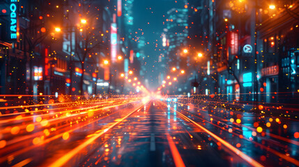 Fototapeta premium A dynamic city street at night becomes a vision of the future with vibrant, glowing light trails under a neon sky
