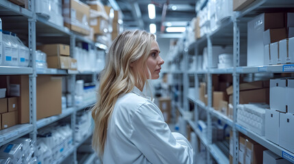 A female pharmaceutical worker in a white coat overseeing inventory in a medical supply warehouse