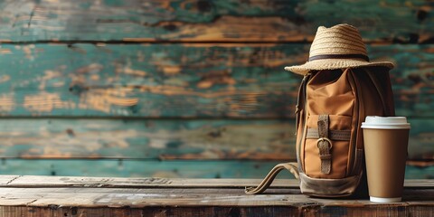 A cozy traveler's coffee kit including a backpack coffee cup and other accessories resting on a rustic wooden backdrop - obrazy, fototapety, plakaty