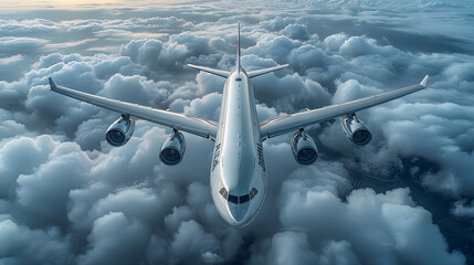 Overhead view of a commercial airliner in flight above the clouds, with a view of earth's landscape below - obrazy, fototapety, plakaty