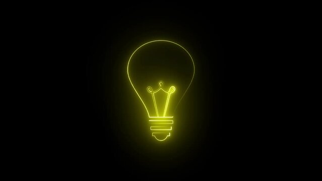 Neon electric effect bulb sign animated. Glowing neon line Light bulb. Rays shine appear and disappear after some time.