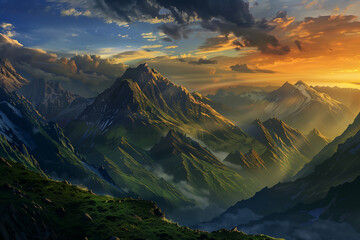Inspiring Landscapes: Mountain Sunset, Illustration of Grand Mountain Range, Lush Summit, Foggy Hills at Dusk on Cloudy Day - obrazy, fototapety, plakaty