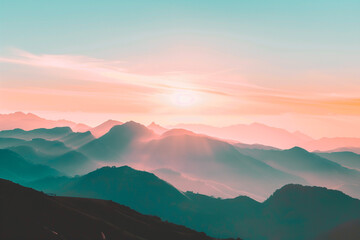 Obraz premium Wanderlust-Inducing Landscapes: Majestic Mountain Sunset with Pinkish Magical Glow, Blueish and Pinkish Hues Casting a Spell over Misty Hills