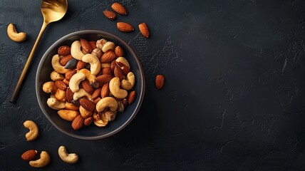 Mixed Nuts in a Bowl on Dark Background - Essential Fats for Healthy Dieting - obrazy, fototapety, plakaty