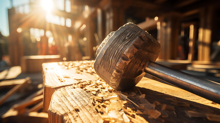 Close-up View of Hammer at Work in Afternoon Sunlight, Perfect for DIY Project Articles and Construction Themes - obrazy, fototapety, plakaty