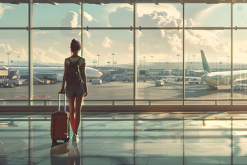 a woman with her back with a suitcase at the airport, trip, travel, vacation concept.