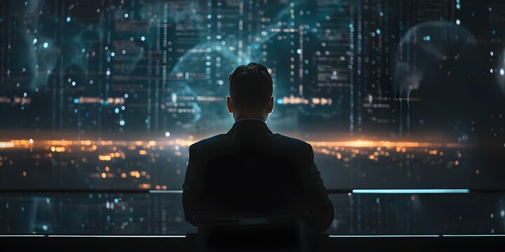 A businessman analyzing data on a digital screen with coding and machine learning technology. Concept Business Analysis, Digital Screens, Coding, Machine Learning, Technology