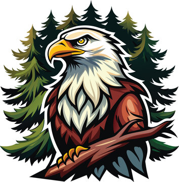 Bald eagle on a branch with pine trees. Vector illustration.