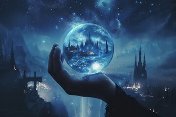 The hand of a ghostly figure holding a clear crystal ball