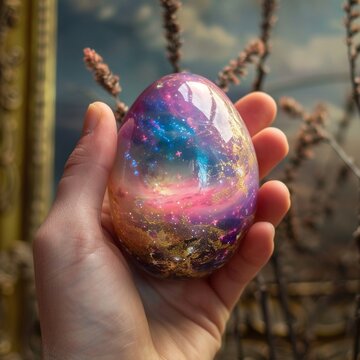 Hand holding a delicate Easter egg its shell a canvas for a stunning galaxy painting