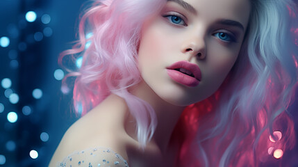 The perfect photo of a beautiful sensual blonde with delicate makeup, sensual lips, delicate skin and luxurious ash pink hair, on a colorful fantasy background.