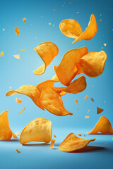 crisps on blue background levitating in the air, product advertising - obrazy, fototapety, plakaty