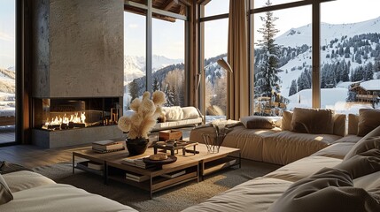 Living room with large windows, showcasing the snowy mountain view outside and plush seating arranged around an elegant fireplace - obrazy, fototapety, plakaty