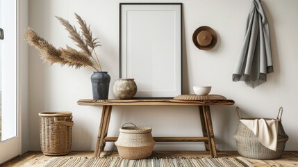 Fototapeta na wymiar a stylish Scandinavian interior hallway, featuring an elegant console adorned with a cozy blanket and a sleek black mug, all set against a backdrop of beige tones, with a black poster frame mockup.