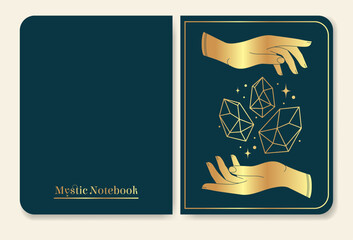 Notebook with golden print. Cover page design aesthetic esoteric illustration for student - obrazy, fototapety, plakaty