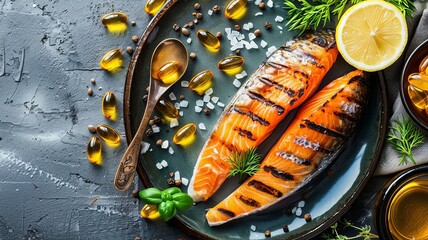 Culinary Delight: Grilled Salmon Fillets with Lemon and Scattered Omega-3 Capsules - obrazy, fototapety, plakaty