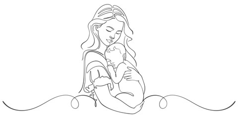 Mother and baby line art. Mom hugs child. Motherhood and newborn concept. Happy mother line vector illustration. Parent loving kid, happy mother day design for card