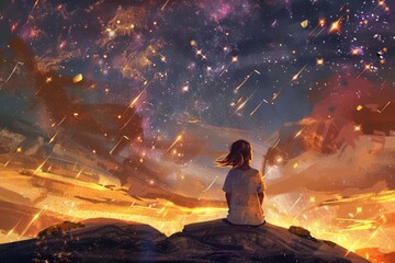 Brave Young Girl Gazing at Shooting Stars from Hilltop, Digital Painting - obrazy, fototapety, plakaty