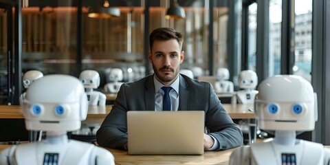 AI bots assist businessmen with laptops using command prompts for digital transformation and SEO. Concept Business Tools, Command Prompt, Digital Transformation, SEO Strategies, AI Automation