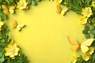 Badkamer foto achterwand yellow color frame of clover leaves view butterflies 3d background landscape wallpaper © Ivanda