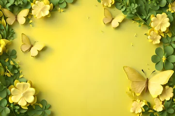 Rolgordijnen yellow color frame of clover leaves view butterflies 3d background landscape wallpaper © Ivanda