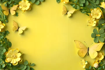 Möbelaufkleber yellow color frame of clover leaves view butterflies 3d background landscape wallpaper © Ivanda