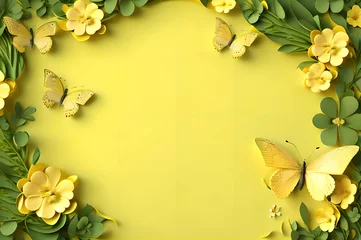 Crédence de cuisine en verre imprimé Jaune yellow color frame of clover leaves view butterflies 3d background landscape wallpaper