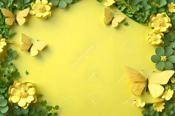 Zelfklevend Fotobehang yellow color frame of clover leaves view butterflies 3d background landscape wallpaper © Ivanda