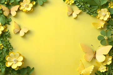 Foto op Canvas yellow color frame of clover leaves view butterflies 3d background landscape wallpaper © Ivanda