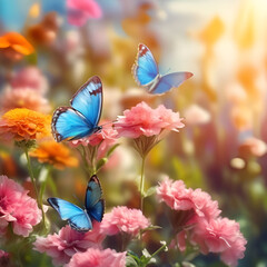 Fototapeta na wymiar Flower_garden_with_blue_sky_and_warm_sunlight3_butter_1.Generative AI
