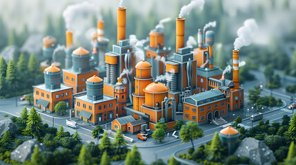 A miniature model of an industrial factory town, with orange buildings and stylized smokestacks amidst a forested landscape - obrazy, fototapety, plakaty