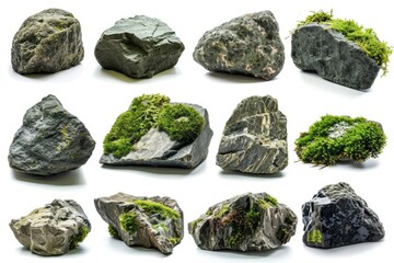 moss, covered, rocks, boulders, stones, collection, various, shapes, sizes, isolated, white, background, nature, ecology, environment, green, lush, vibrant, fresh, damp, wet, organic, natural, growth,