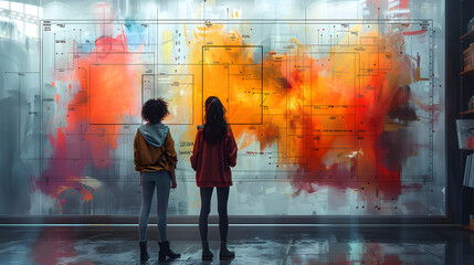 Two data analysts stand before a large interactive data visualization wall, deeply engaged in pattern analysis