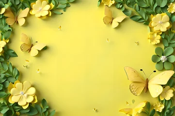 Gordijnen yellow color frame of clover leaves view butterflies 3d background landscape wallpaper © Ivanda