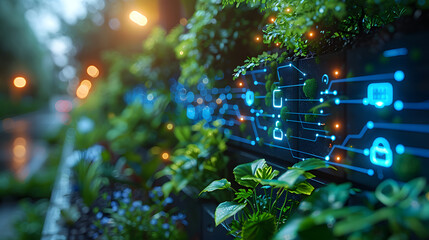 Lush green plants merging with glowing digital icons, depicting the symbiosis of nature and advanced technology in a cityscape