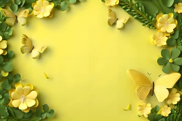 Foto auf Acrylglas yellow color frame of clover leaves view butterflies 3d background landscape wallpaper © Ivanda