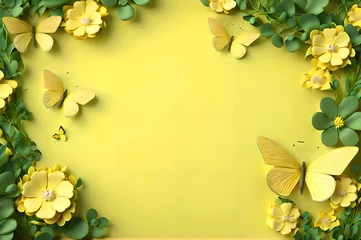Fototapeten yellow color frame of clover leaves view butterflies 3d background landscape wallpaper © Ivanda