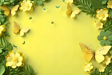 Fotobehang yellow color frame of clover leaves view butterflies 3d background landscape wallpaper © Ivanda
