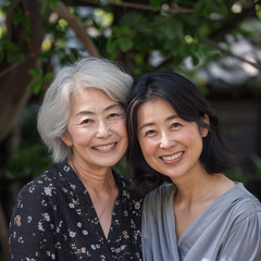 Obraz premium Photo portrait of two Asian women, a mother and her adult daughter, they hugging and smiling, mother's day family concept, natural soft light and colors