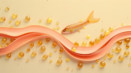 Swimming Through the Stream of Wellness: Omega-3 Journey in a Golden Wave - obrazy, fototapety, plakaty