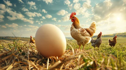 Deurstickers Free range organic bio chicken farming laying egg, healthy hen outdoor hd © OpticalDesign