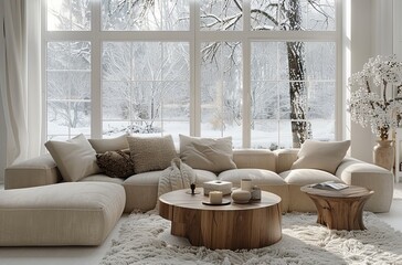 A cozy living room with large windows, white walls and beige furniture. The sofa is shaped like an...
