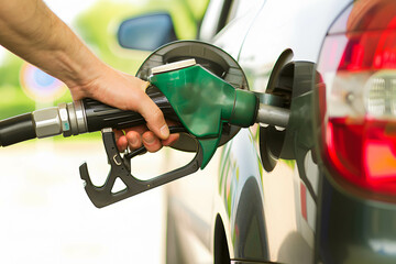 Gas pump with a hand reaching to fill up a vehicle's tank