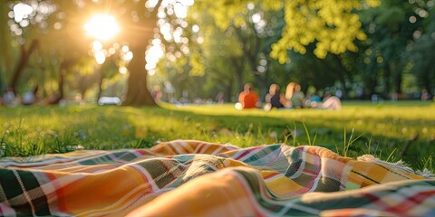 Sunset Serenity: A Cozy Picnic Blanket Awaits on a Lush Meadow as Families Enjoy a Tranquil Park Evening - obrazy, fototapety, plakaty