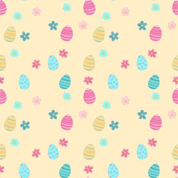 seamless pattern on the theme of Easter. Multi-colored eggs and daisy flowers on a yellow background. 